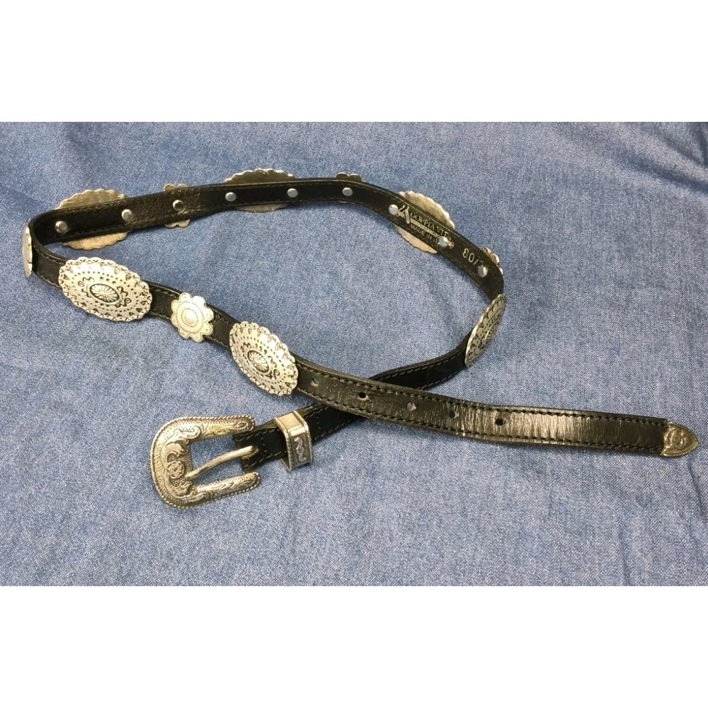 Vintage La Doppia Vita Italian Leather Western Concho Belt Black Silver Size 32
